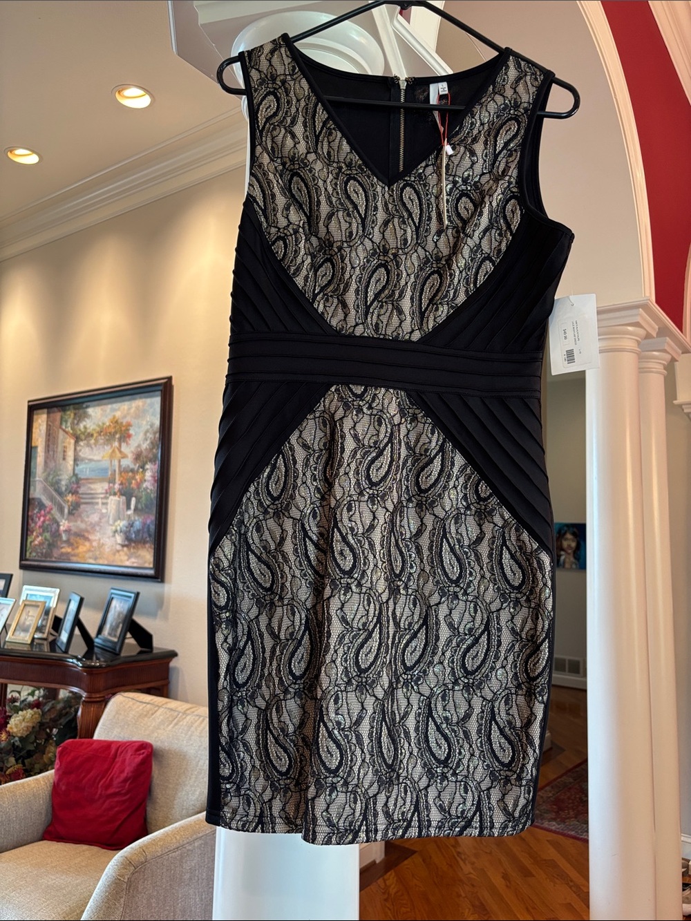 Black Lace-Overlay Mini Dress with Nude Underlay